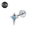 Sterile F136 titanium labret stud with silver star design and blue zircon inlay - 1.2*8mm / Star Silver Blue