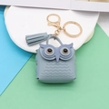 Detail of light blue owl coin purse with lychee texture leather and golden keychain - Lake Blue