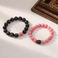 Magnetic couple beaded bracelets with crown charms in black obsidian and pink stone - Gold Obsidian Style & Pink Stone - Crown Charm
