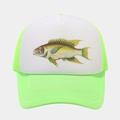 Detailansicht der Trucker-Cap mit Fischdruck auf weißer Front und grünem Netzstoff - Fluoreszierendes Grün Weiß Fisch (4#色)