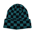 Detailed view of green and black checkerboard knit pattern on a winter beanie hat - Green and Black Checkerboard