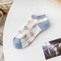 Cream cotton boat socks with sky blue accents and pink floral prints for women - One Size / Beige & Sky Blue (Pink Flower)