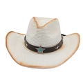 Detail van witte strooien cowboyhoed met metalen sterren en turkooiskleurig embleem-accent - Eén maat(56-58cm) / Wit + Winddicht Touw (Turkoois Ster)