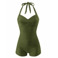 Olive green halter neck one-piece swimsuit with ruched slimming waist and boyshort bottom - S / Army Green