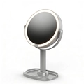 Runder LED-Schminkspiegel in Silber mit Ringlicht und Metall-Ablageschale - Desktop-Aufbewahrungsstil / 5-fache Vergrößerung / Silber