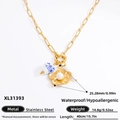 Golden titanium steel pearl necklace with blue heart pendant and floral pattern details - Floral Heart Pendant Style (XL31393) / 18K Gold Plated