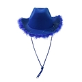 Détail d'un chapeau de cow-boy bleu roi avec bordure en plumes et cordon réglable - Taille Adulte (58cm) / Plume Bleu Royal Avec Fil d'Argent