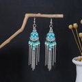 Silver bohemian tassel earrings with turquoise beads and feather pendants on branch - Boho Lake Blue Long Tassel (E6165-4)