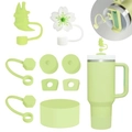 Ensemble d'accessoires en silicone vert et blanc avec couvercles de paille fleur de cerisier - Ensemble Sakura et Animal Vert