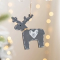 Grey wooden reindeer ornament with white heart pattern and rustic hemp rope bow - Grey Reindeer