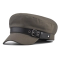 Close-up of a classic olive cotton military cap featuring a black leather buckle strap - M(56-58cm) / Army Green