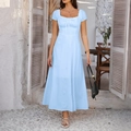 Elegantes blaues Midikleid mit Puffärmeln, eckigem Ausschnitt und tailliertem Schnitt - Hellblau