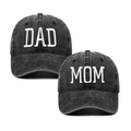 Set of black washed cotton baseball caps with white DAD and MOM 3D embroidery - Washed Black DAD + Black MOM