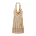 Abito sexy linea A con scollo all'americana oro champagne con strass e maglia metallica - Taglia S / Oro