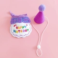 Detail of white and purple plush pet birthday bib with Happy Birthday embroidery and mini hat - Purple Birthday Set