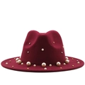 Eleganter weinroter Wollfilzhut mit breiter Krempe und Perlenverzierung für Damen - M(56-58cm) / Burgunderrot