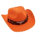 Detail of orange woven cowboy hat featuring a brown leather band and silver bull head badge - One Size / Orange