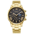 Close-up of golden steel watch band and black dial with chronograph sub-dials and calendar - New Model Color 3