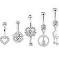 Lot de cinq piercings de nombril en cuivre argenté avec pendentifs en zircon brillant - Combinaison de Cinq Styles