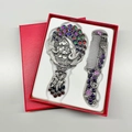 Vintage metal peacock mirror and comb set with enamel details in a red gift box - Double Peacock (No. 2) / Antique Pewter