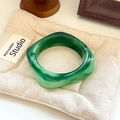 Green and white marble textured square resin bangle on a beige burlap cushion - Geometric Rhombus / Inner Diameter 65mm / Green White Marble