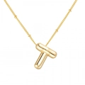 Puffy balloon style letter T pendant necklace in gold finish with bead chain - Gold Letter T