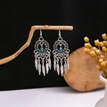 Bohemian silver drop earrings with turquoise bead and detailed feather charms - E5775-26 Blue Feather Totem