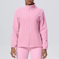 Close-up detail of pink fleece jacket with stand collar and zipper closure for women - Sakura Pink