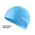 Sky blue kids swimming cap with white brand logo and high elasticity nylon fabric - Candy Series Blue Kids