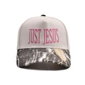 Beige baseball cap with leopard camo brim and pink Just Jesus 3D letter embroidery - Adjustable / Leaf Camouflage