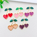DIY heart-shaped cherry pendants in red and glitter finishes for jewelry making - Mixed 5Pcs Enamel Drip Heart Cherry Set