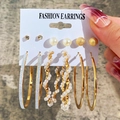6-piece gold earring set featuring faux pearls, rhinestones, and large hoop styles - Gold Heart Star Set (54294)