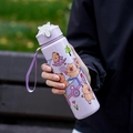 Purple Capybara kids water bottle with bear pattern, straw, and carry strap - Solid Purple