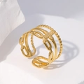 Anillo ajustable de acero inoxidable dorado de tres capas con cadena y cuentas - Dorado / Abierto Ajustable
