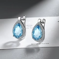 Elegant silver teardrop stud earrings with light blue main stones and micro-pave crystals - Aquamarine Diamond Earrings Led-125