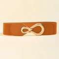 Brown elastic waist belt with a stylish gold-tone metal buckle for women's dresses - 19268 Camel-Twisted Infinity Buckle