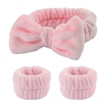 Pink coral fleece headband and wristband set with a large bow for face washing - 3-Piece Headband Set / Light Pink