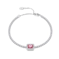 Elegant 925 sterling silver tennis bracelet featuring a square pink center gemstone - 2MM Tennis Chain/Pink Rectangular Main Stone/Platinum Plated/Adjustable