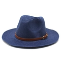 Detailed texture of navy straw fedora hat featuring a stylish brown leather buckle band - M (56-58cm) / Navy Blue