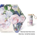 Flat six-fold mini sun umbrella with white rose oil painting print and UV protection - Black Pole Black Glue White Rose Shading