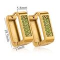 Detailed view of gold square U-shaped earrings with green pave crystals, dimensions 18.5mm - Zirconia Style / Gold-Green Rhinestone