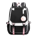 Zaino scolastico nero con bordi bianchi, cinghie rosa e pompon su sfondo bianco - Nero