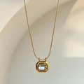 Square emerald-cut crystal necklace in gold finish with sleek flat snake chain - Gold With White Zircon