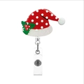 Christmas retractable badge holder with red polka dot Santa hat and holly leaf design - Christmas Hat
