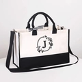 White canvas tote with black strap and floral monogram letter J print and ribbon - Zipper Crossbody Style-With Shoulder Strap / Beige Black-Letter J