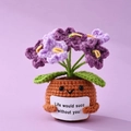 Detail of crochet potted plant with purple flower and funny English message board - Positive Potted-Forget-me-not Gradient Purple