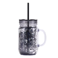 Detail of double-walled plastic mason tumbler with black glitter and matching straw - Transparent Glitter Black