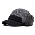 Men winter earflap baseball cap in grey knit and black felt with warm faux fur trim - Adjustable / Gray