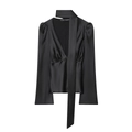 Elegante camicia in raso nero a maniche lunghe con scollo a V e dettaglio sciarpa - XS / Nero