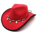 Western style red wool cowboy hat featuring bohemian beaded band and crochet edge - M (56-58cm) / Red
